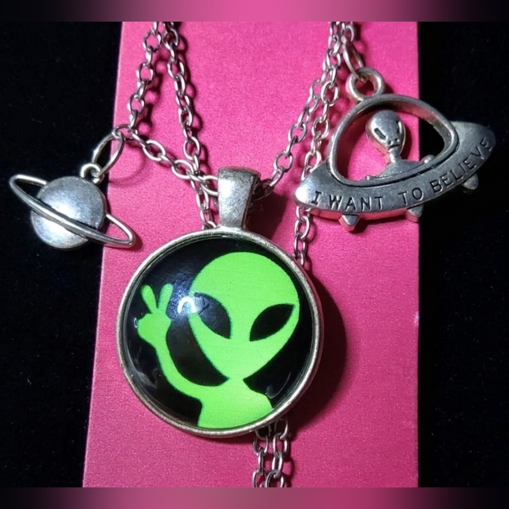 Alien Pendant Necklace w/Charms, Wi-Fi, UFO, Planet, Space, Silver Plated
